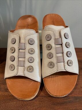 Revere Cream Metallic Slide Mules with Button Accents